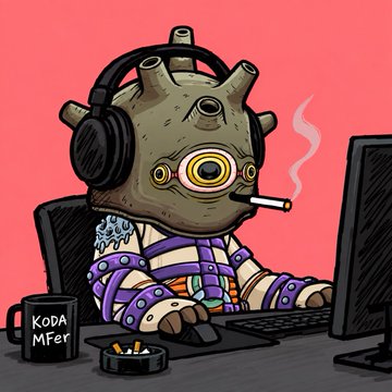 A cartoon illustration of a cyclops-like monster character wearing headphones, smoking a cigarette, and working at a computer, with a mug labeled "KODA Mfer" on the desk beside an ashtray.
