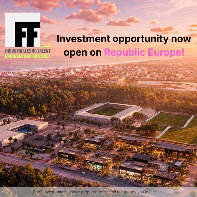 An aerial view of a sports complex at sunset with the 'FF' logo for 'Industrializing Talent Engineering Football', announcing an 'Investment opportunity now open on Republic Europe!'