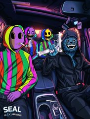 A colorful digital illustration labeled 'SEAL AR REWIND' depicts four hooded figures, some wearing ski masks, riding in a car at night.