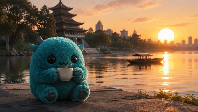 A cute teal fuzzy monster character with small horns sits on a stone ledge drinking from a teacup, set against a serene sunset lakeside scene with traditional pagodas and a boat in the background.