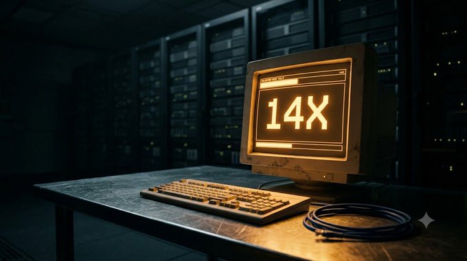 A retro-style computer setup in a dark server room with a vintage CRT monitor displaying '14X' in glowing orange text, accompanied by an old keyboard on a desk.