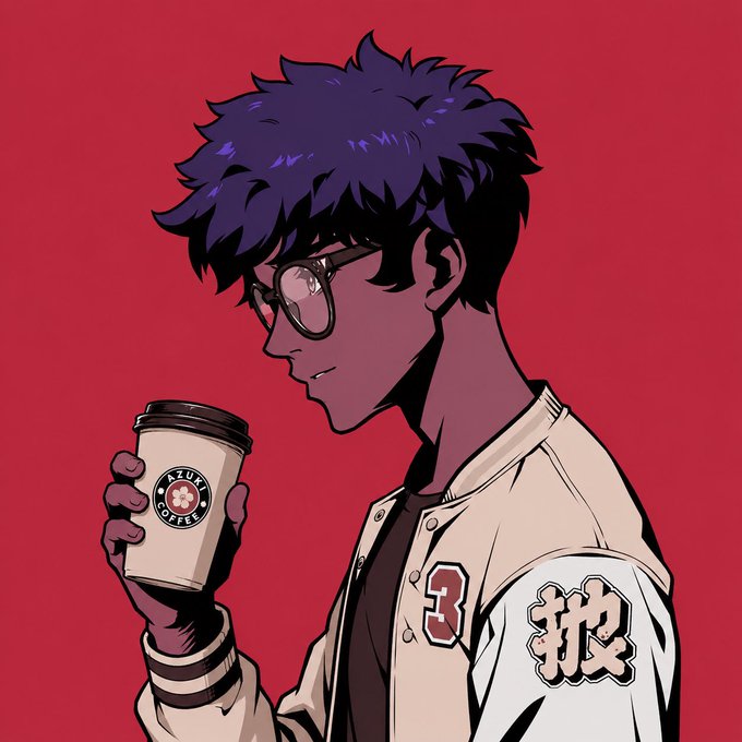 An anime-style digital illustration of a purple-haired character wearing glasses, a varsity jacket with a '3' and Asian characters, holding an 'AZUK COFFEE' cup against a red background.
