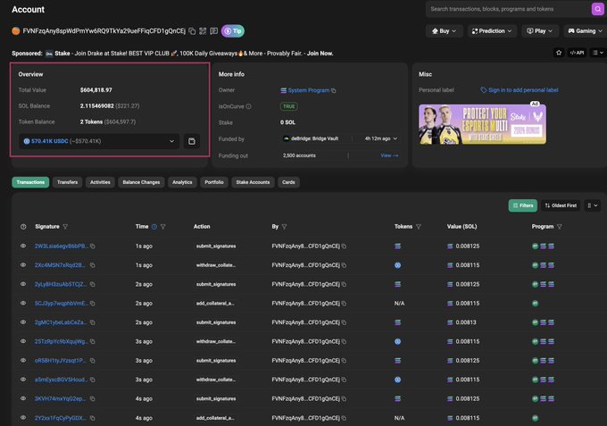 A screenshot of a Solana blockchain account dashboard for address "FVNFe2gAy8bpWdPmYw6R0TYxa29ueFFqCFD1gDnCEj", showing a Total Value of $604,818.97 with 572.416 USDC and 2 Token tokens, alongside multiple transaction records of small token withdrawals. The account's financial activity appears consistent with the reported Avici neobank hack draining user funds.