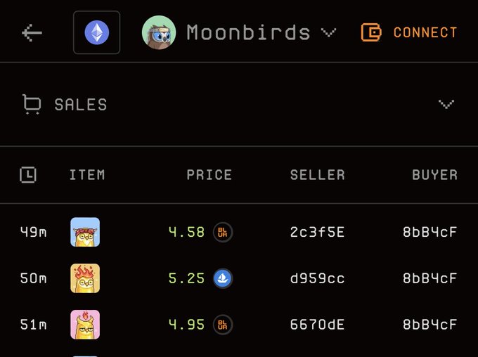 A screenshot of Moonbirds NFT marketplace sales history showing three rare gold Moonbirds sold at 4.58, 5.25, and 4.95 ETH within the last 51 minutes, all purchased by the same buyer (8bB4cf), supporting the post's claim about recent acquisitions of rare gold Moonbirds.
