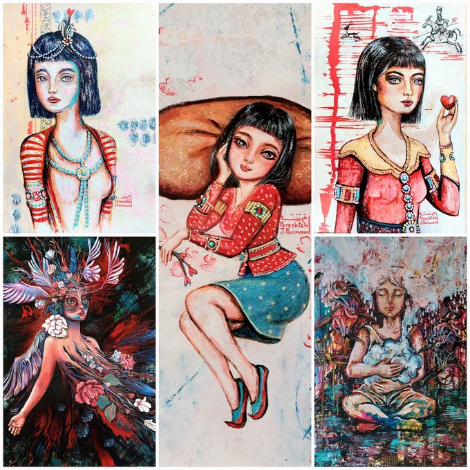 A collage of five paintings featuring stylized female figures with large eyes, including Egyptian-inspired portraits, a seated girl in a red polka-dot top and teal skirt, and figures adorned with flowers and birds.