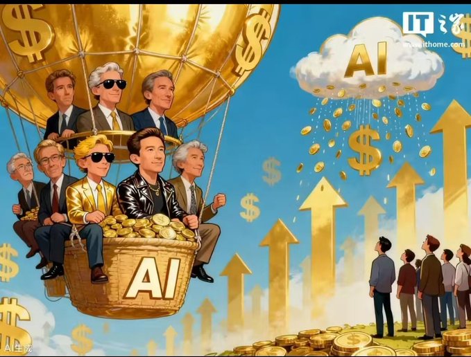 The image features a cartoon illustration of a group of people riding on a hot air balloon, with each person wearing sunglasses. The scene takes place against a backdrop of a cloudy sky filled with money falling from the sky. The text "AI" is also present in the image. The post appears to be related to cryptocurrency or artificial intelligence, as suggested by the presence of AI and money falling from the sky.