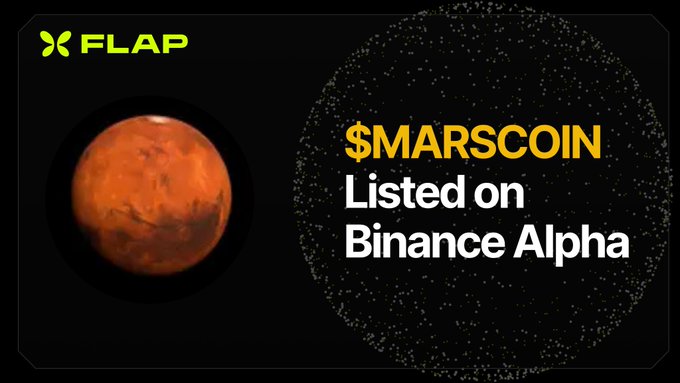 A promotional graphic from Flap featuring an image of Mars alongside text announcing "$MARSCOIN Listed on Binance Alpha." The visual of the red planet ties into the bStocks and meme culture theme, illustrating how Mars-themed meme tokens are gaining real traction through listings on major exchanges like Binance.
