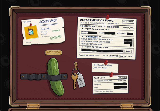 A pixel-art briefcase contains an "Access Pass" for @sanyi_eth from the "Department of Fomo," alongside a Form ER-1 "Fomies Activity Record" (REF 42302) tracking activity, views, and referral links for the Fomies NFT project. A green pickle strapped inside the case ties into the post's playful warning: "i've been told not to ask about the pickle."