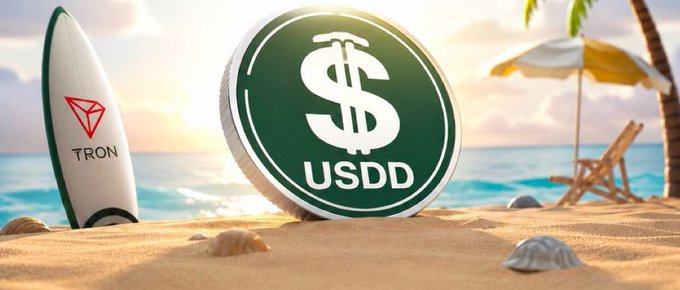 A 3D rendered beach scene featuring a green coin with a dollar sign labeled 'USDD' next to a surfboard branded with the 'TRON' logo.