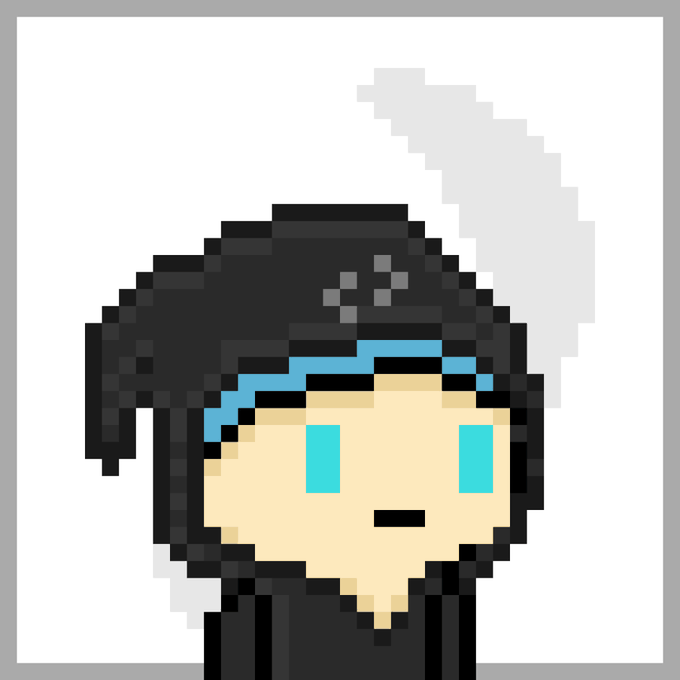 The image features a small, cartoon-like character wearing a black hoodie with blue accents. The character has a blue hat that matches the color of their eyes. They are standing against a white background, which contrasts nicely with their dark clothing. The character appears to be looking up at something or someone in the distance.