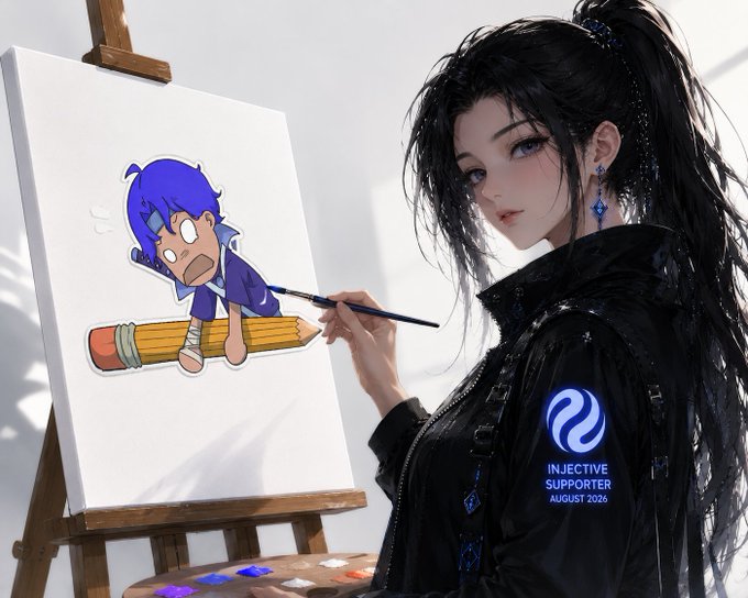 An anime-style girl in black leather paints a cartoon character on a canvas, with 'INJECTIVE SUPPORTER AUGUST 2026' displayed on her jacket.