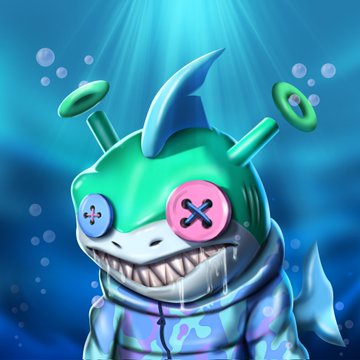 A digital illustration of a green, cartoonish character with a wide, toothy grin, button eyes (one blue, one pink), and metal screws protruding from its head, underwater.