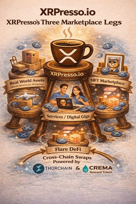 An infographic for 'XRPresso.io' illustrating its three marketplace legs: Real World Assets (North American Shipping), NFT Marketplace, and Services/Digital Gigs, along with a Flare DeFi cross-chain swap system powered by ThorChain and Crema Reward Token.