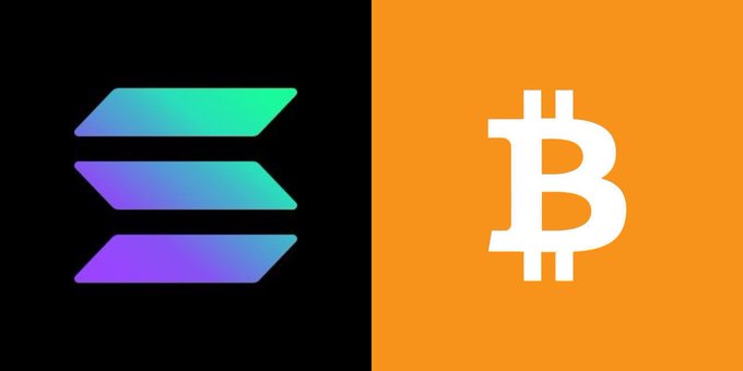 The image is split with the Solana (SOL) logo in purple/green gradient on a black background on the left, and the Bitcoin (₿) symbol in white on an orange background on the right—visually pairing the two cryptocurrencies referenced in the post's bullish price predictions for BTC and SOL.