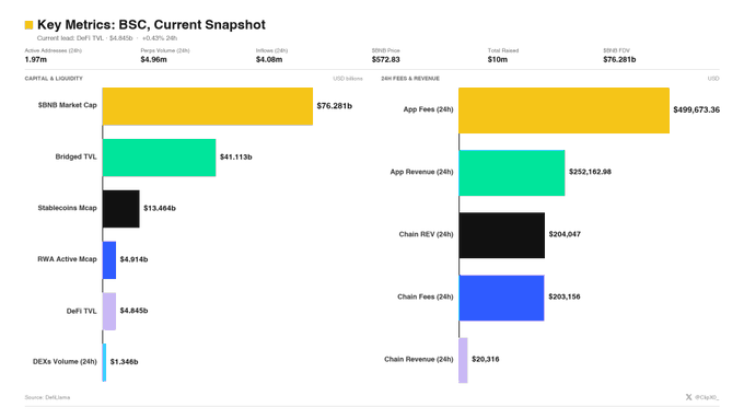 A DefiLlama dashboard titled 'Key Metrics: BSC, Current Snapshot' shows BSC market cap of $76.281B, active addresses of 1.97m, stablecoin market cap of $13.464b, and 24-hour app fees of $499,673.36.