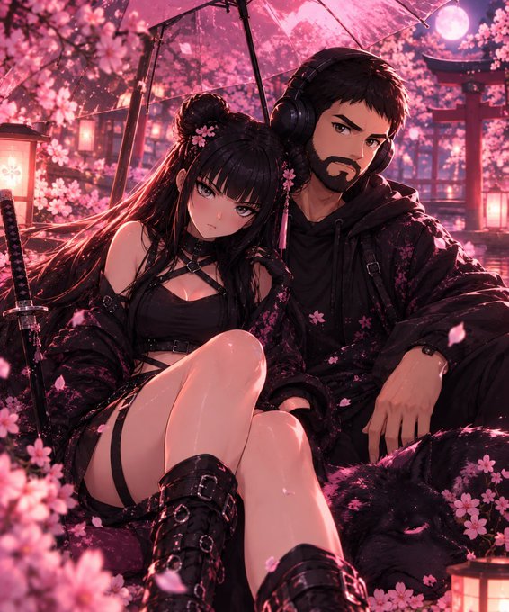 An anime-style illustration of a dark-haired woman and a bearded man sitting together amidst pink cherry blossoms, with the woman wearing headphones and a katana visible nearby.