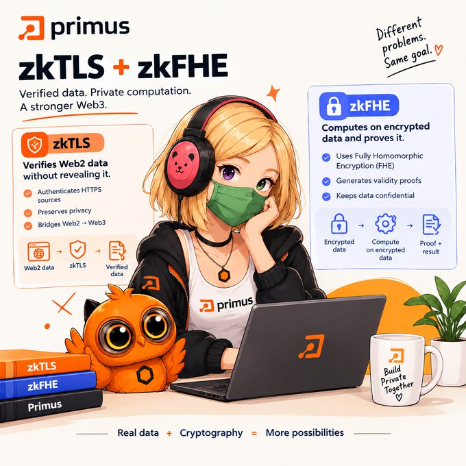 A promotional graphic for 'primus' features an anime-style girl with headphones working on a laptop alongside an orange owl mascot, advertising 'zkTLS + zkFHE' technology for verified data and private computation.