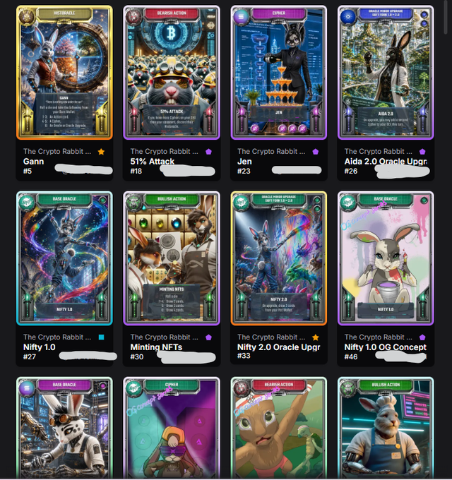 A grid of NFT trading cards from 'The Crypto Rabbit' collection featuring various rabbit-themed cards including Gann, Jen, Aida 2.0 Oracle Upgrade, Nifty 1.0, Minting NFTs, Nifty 2.0 Oracle Upgrade, and Nifty 1.0 OG Concept.