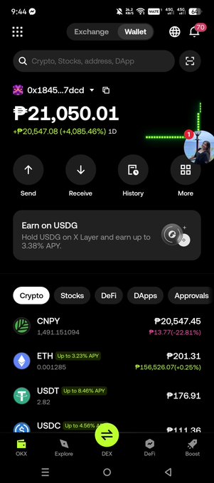 Screenshot of a cryptocurrency wallet app showing a balance of ₱21,050.01 with holdings in CNPY, ETH, USDT, and USDC, with various APY earnings options displayed.