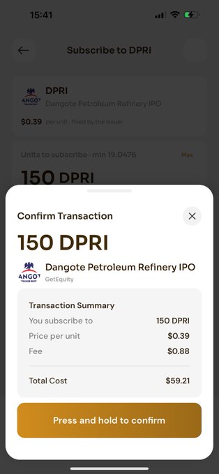 A mobile app confirmation screen for subscribing to 150 units of the Dangote Petroleum Refinery IPO (DPRI) on Nectar Finance, priced at $0.39 per unit with a $0.88 fee, totaling $59.21 via Solana-based onchain equity investing.