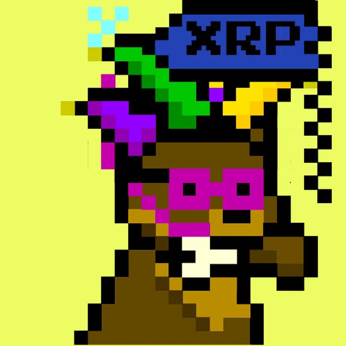 A pixel art character with "XRP" displayed in its blue eye area, colorfully designed with green, purple, pink, and yellow accents on a yellow background, corresponding to a Rare @Black_Mkt_Dawgs NFT listed for auction on xrp.cafe/nft/0008271005.