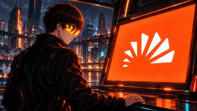 An anime-style man with glowing orange eyes works at a computer displaying a large orange-and-white fan-like logo, with a rainy futuristic city outside the window.