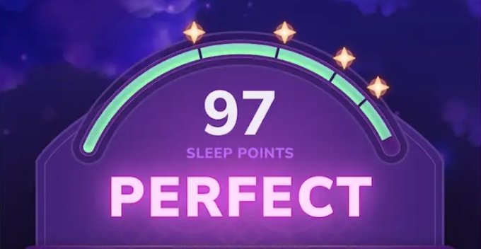 A purple-themed sleep tracking badge displaying '97 SLEEP POINTS' and 'PERFECT' with a curved progress meter and four stars against a night sky background.