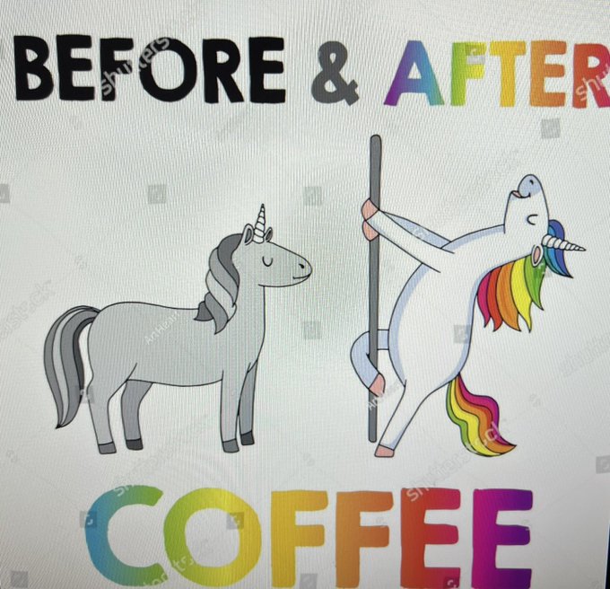 A 'Before & After' coffee-themed illustration showing a gray unicorn before coffee and a colorful, energetic unicorn pole-dancing after coffee.