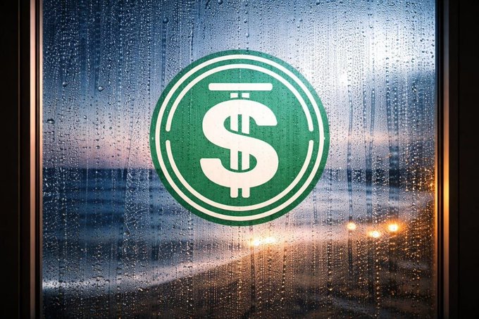 A green circle containing a dollar sign logo is displayed on a rain-covered window.