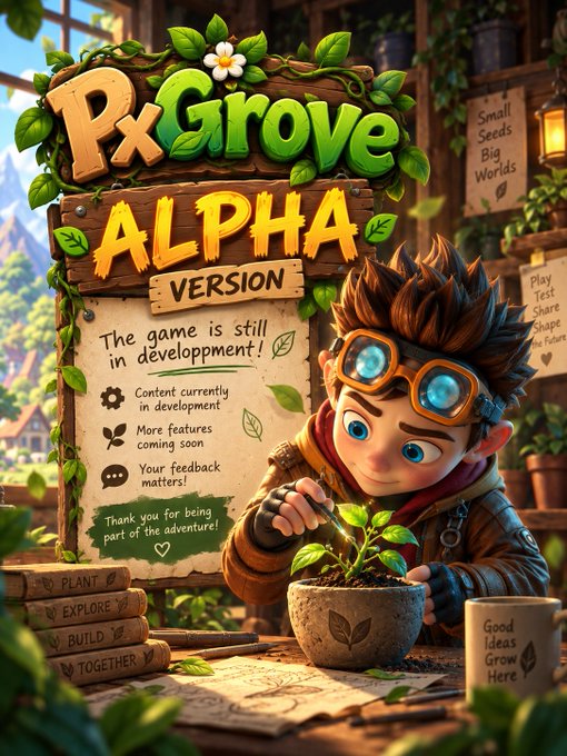 A vibrant game promotional image for 'PxGrove ALPHA VERSION' featuring a cartoon character with goggles tending to a small plant, with text indicating the game is in development and encourages feedback.