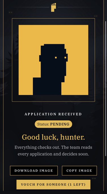 A pixel-art portrait with the text "APPLICATION RECEIVED" and "Status: PENDING", along with "Good luck, hunter. Everything checks out. The team reads every application and decides soon." Buttons for "DOWNLOAD IMAGE", "COPY IMAGE", and "VOUCH FOR SOMEONE (1 LEFT)" are visible.