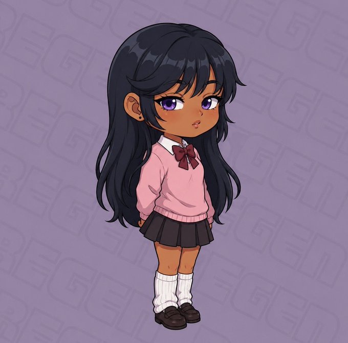 A chibi-style anime illustration of a dark-skinned girl with long dark hair, purple eyes, wearing a pink sweater with a maroon bow, a pleated dark skirt, white knee-high socks, and brown loafers, standing against a gray patterned background.
