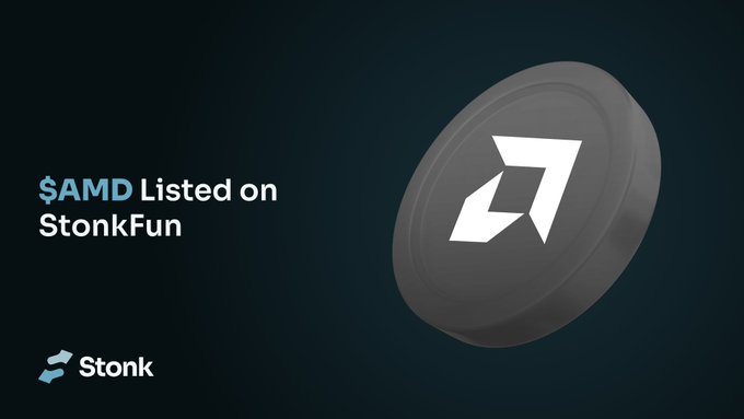 The image is a dark promotional graphic featuring the announcement "$AMD Listed on StonkFun" alongside a black token/coin displaying the AMD logo, with the Stonk branding at the bottom left. It visually supports the post's news about tokenized AMD stock being available to launch on the StonkFun platform powered by Sunrise and Backpack.