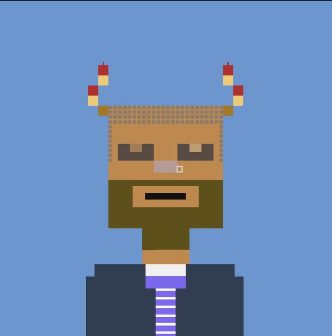 A pixel art character with brown skin, horns, and a beard wears a suit and purple tie against a blue background.