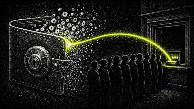 A stylized illustration showing a wallet on the left emitting coins and a glowing yellow trail that arches over a row of silhouetted figures toward a vault containing a car on the right.