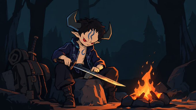A horned, demon-like anime character with red eyes and tribal face markings sharpens a sword by a campfire in a dark forest, with a rugged backpack beside him—visually evoking the grind, repetition, and solitary focus implied by the caption's loop of minting and claiming rewards every 4 hours.