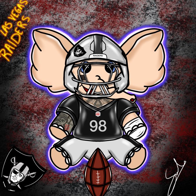 A cartoon illustration of a Las Vegas Raiders mascot dressed in football gear with jersey number 98, positioned above a football with 'LAS VEGAS RAIDERS' written in yellow text.