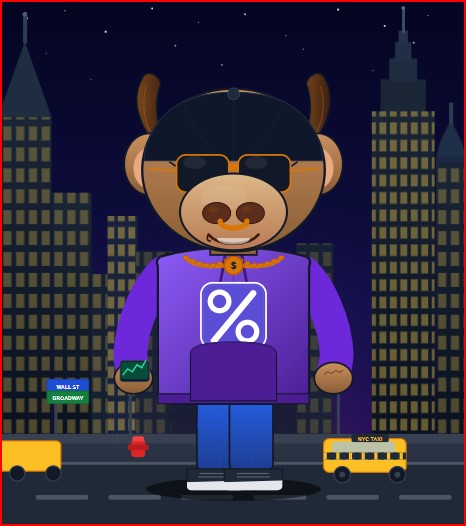 A cartoon NFT-style image of a bear character wearing sunglasses, a cap, and a purple shirt with a '%' symbol, standing in front of a city skyline with a 'WALL ST BROADWAY' sign and NYC taxi.