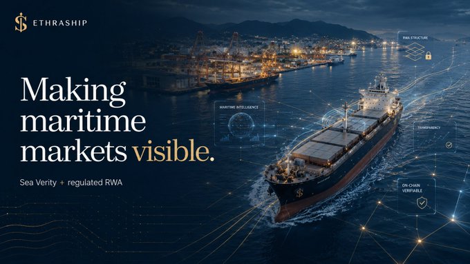 A promotional banner for 'ETHRASHIP' with the tagline 'Making maritime markets visible,' featuring a cargo ship at sea with digital connectivity overlays highlighting features like 'RWA STRUCTURE,' 'MARITIME INTELLIGENCE,' 'TRANSPARENCY,' and 'ON CHAIN VERIFIABLE.'