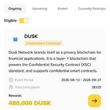 A mobile app screenshot showing a DUSK Leaderboard Campaign with 38,325 total participants, running from 2026-08-13 to 2026-08-27, offering 480,000 DUSK as rewards.