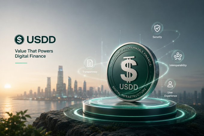 A promotional graphic for USDD cryptocurrency, featuring a glowing coin on a pedestal against a city skyline at sunset, with the tagline 'Value That Powers Digital Finance' and icons highlighting Security, Transparency, Interoperability, and User Experience.