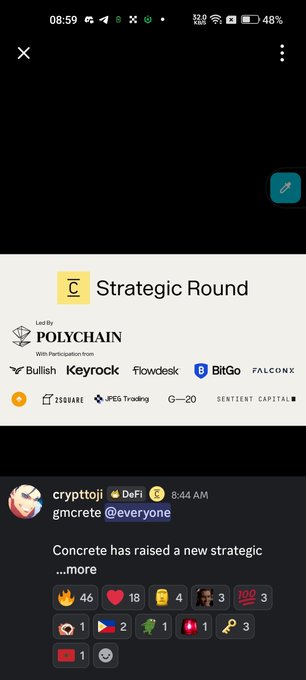 A Discord announcement from gmcrete in the Concrete community channel reveals a new "Strategic Round" led by Polychain Capital, with participation from Bullish, Keyrock, Flowdesk, BitGo, FalconX, ZSquare Capital, NFG Trading, G-20, and Sentient Capital, aligning with the post's claim of an additional fundraising round totaling over $30M+ in funding.