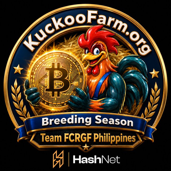 The image features a logo for a company called KuckooFarm.org that promotes Bitcoin mining and digital rewards. The logo includes a cartoon rooster holding a Bitcoin symbol above its head, surrounded by stars and leaves. Below the rooster, there is text that reads "TeamFCRGF Philippines is proudly promoting HashNet and KuckooFarm.org!". This suggests that the company is collaborating with another organization to promote their shared interests in Bitcoin mining and digital rewards.