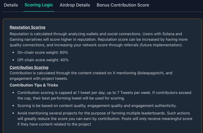 A webpage section detailing Scoring Logic with tabs for Details, Airdrop Details, and Bonus Contribution Score, explaining Reputation Scoring (60% on-chain, 40% off-chain) and Contribution Scoring for @sleepagotchi mentions.