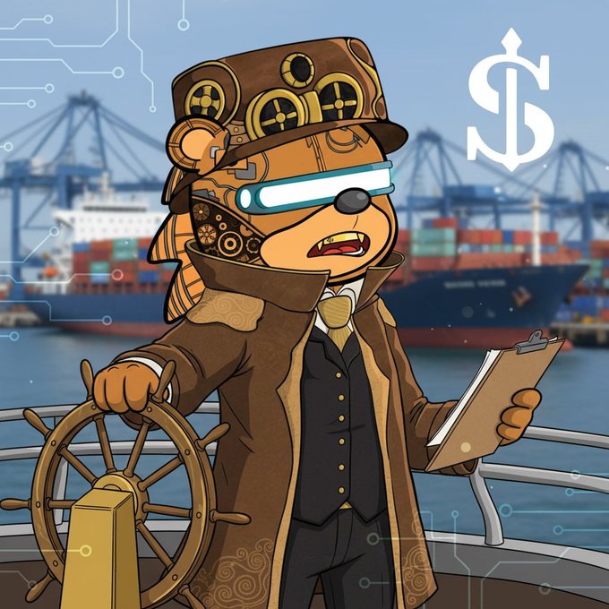 A steampunk-styled anthropomorphic bear captain with a brass mechanical eye-piece grips a ship's wheel while holding a clipboard, set against a busy shipping port background featuring the "$" symbol in the upper right. The image visually reinforces the post's theme by depicting a nautical/maritime scene that aligns with EthraShip's real-world shipping operations and blockchain integration.