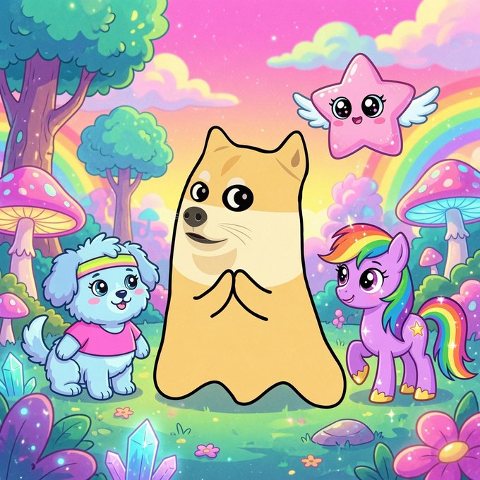 The image features a cartoon dog wearing a pink shirt, standing next to two other cartoon animals - a blue dog with a headband and a purple unicorn. The background of the image depicts a colorful landscape filled with flowers and trees, creating an enchanting atmosphere. The caption for the image reads "Have a great Thursday everyone $SHIBU @ShibuCoinSolana".