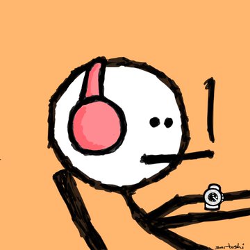 A simple digital doodle of a round white character wearing pink headphones against a tan background, with the signature 'aartbabi' in the corner.