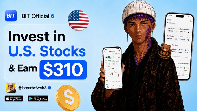 The promotional image features the BIT Official app with the headline "Invest in U.S. Stocks & Earn $310," alongside an illustrated character with purple hair holding a smartphone displaying stock trading interfaces, App Store and Google Play download badges, and a gold dollar coin—visually reinforcing the post's announcement of up to $310 in rewards for new users investing in U.S. stocks through the platform this August.