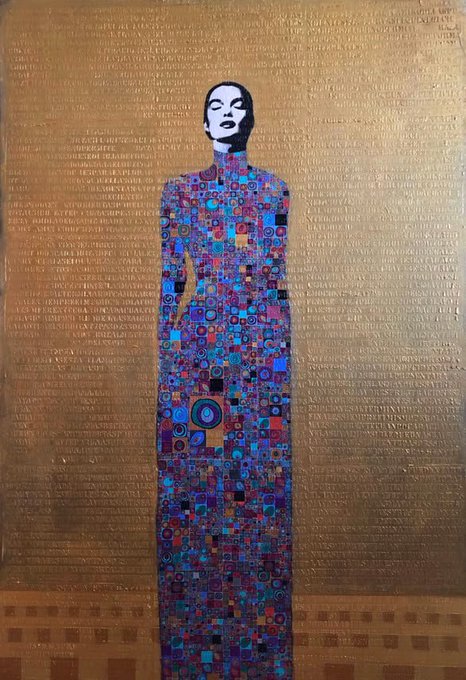 A stylized painting depicts a woman in a long dress covered in intricate blue and purple mosaic patterns, set against a gold-textured background.