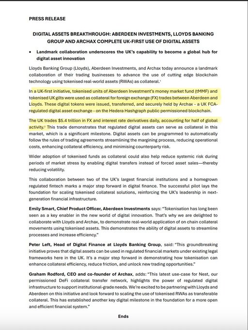 This image shows a press release announcing a landmark UK-first collaboration between Lloyds Banking Group, Aberdeen Investments, and Archax to tokenise money market funds and FX trades using Hedera (HBAR) blockchain technology. The release highlights that these tokenised RWAs were used as collateral for £5.4 trillion in UK FX and interest rate derivatives daily—roughly half of global activity—underscoring real-world blockchain adoption at massive scale.

The "HBAR Quadrillions" caption likely refers to a sarcastic or dismissive meme poking fun at Hedera's reported transaction throughput claims (often cited in "quadrillion TPS" marketing), contrasting it with this actual institutional milestone. The image demonstrates tangible, regulated use of Hedera in major finance, while the caption mocks the network's more hyperbolic performance statistics—juxtaposing real-world legitimacy with exaggerated hype.